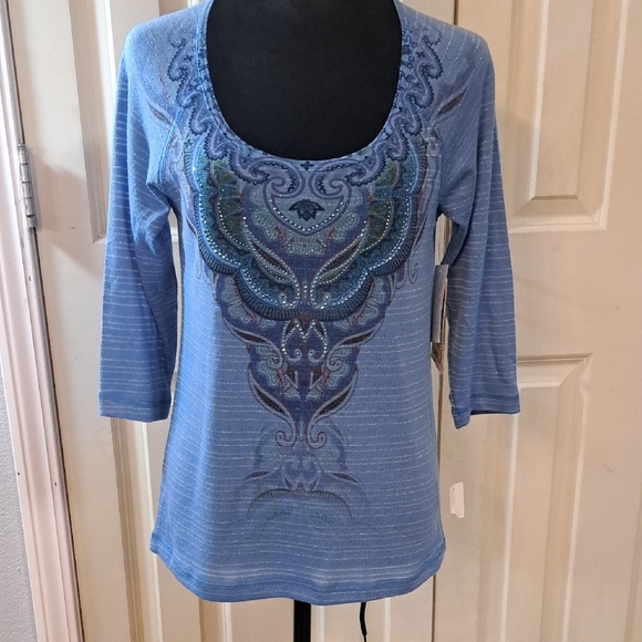 ONE WORLD Tops - ONE WORLD Blue Embroidered Long Sleeve Top